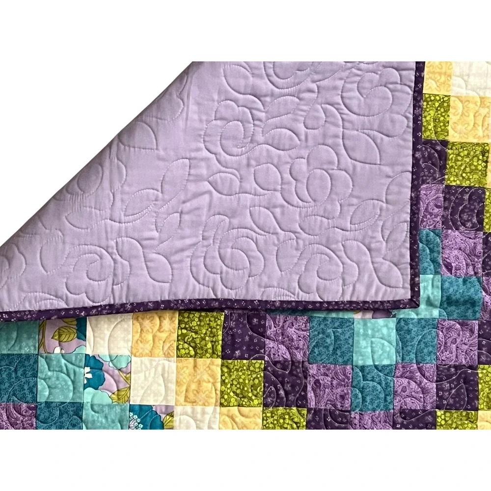 Vintage Handmade Patchwork Quilt Throw Lavender Teal Floral 40x40